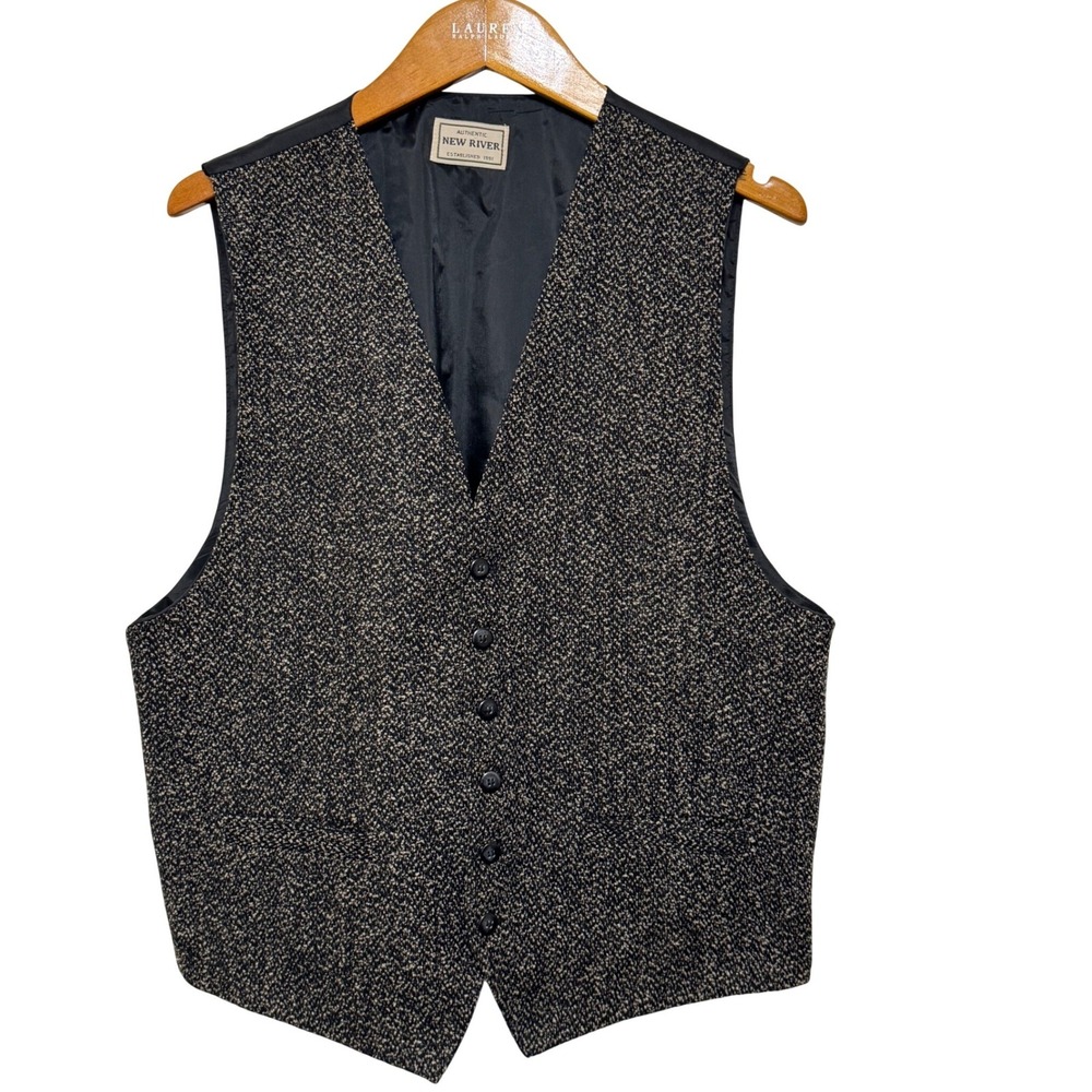 Vintage New River Wool Button Front Vest Mens Large Black/White